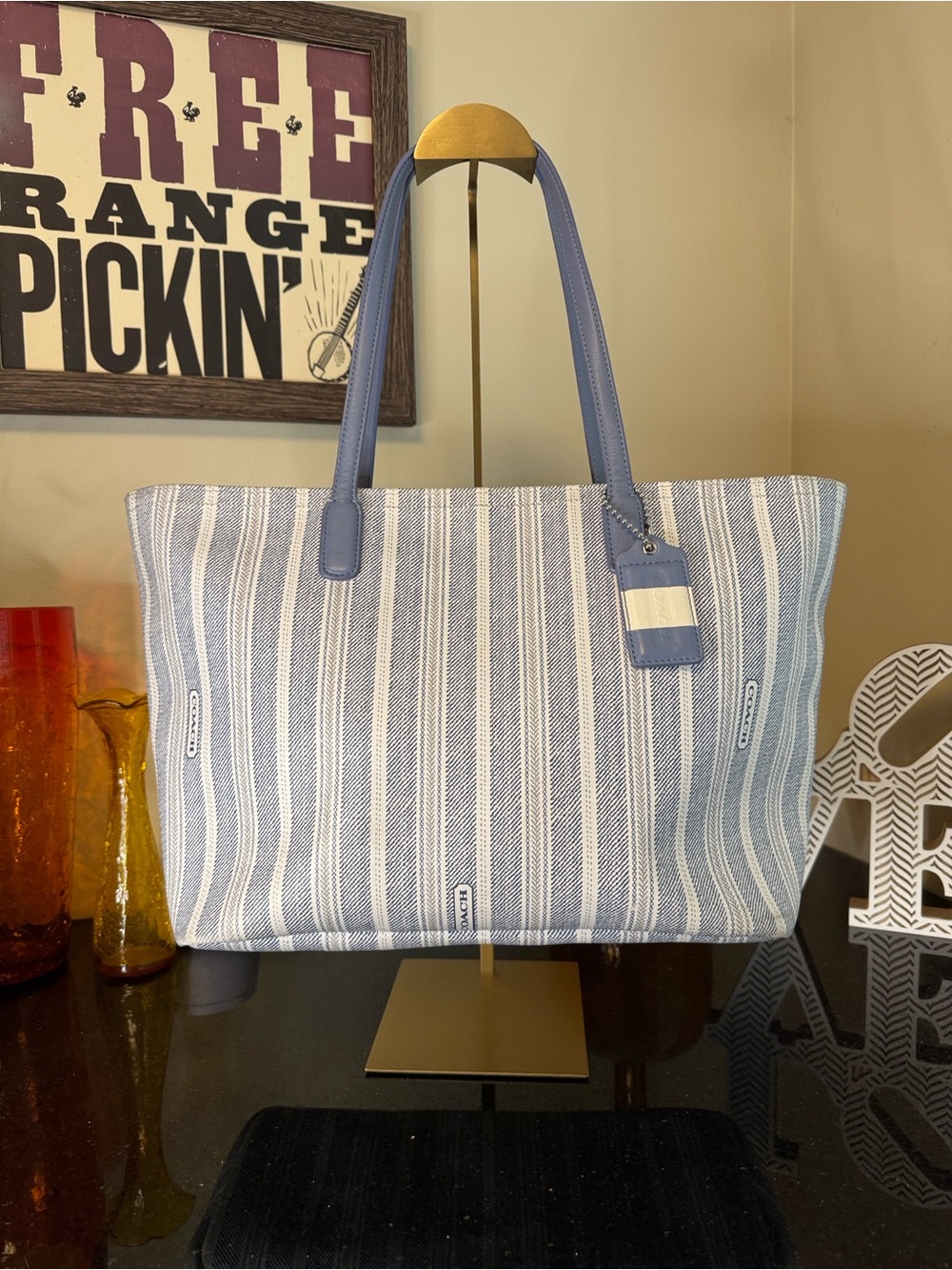 Coach Legacy Blue & White Ticking Stripe Weekend Tote Bag